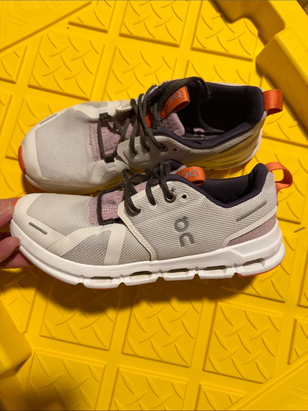 On Running Kids Cloud Sneaker in White with Pink and Orange Accents